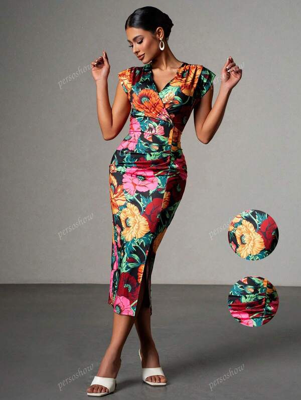 Persoshow Sexy Floral Print Long Fitted Dress,Women's Summer Dresses, Vacation Outfits , Wedding Guest Dresses, Suitable For Weddings, Graduation Season, Party Cocktail Dress
