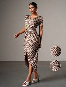 Persoshow Women's Grid Print Short Sleeve Dress,Women's Summer Dresses, Vacation Outfits , Wedding Guest Dresses, Suitable For Weddings, Graduation Season, Party Cocktail Dress - Multicolor - View 2