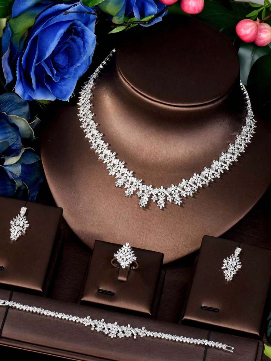 1 Set Elegant Cubic Zirconia Floral Design Jewelry Set, Suitable As Birthday Gift For Women