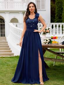 MIUSOL Sequin Floral Lace Sweetheart Neck Sleeveless Ruffle Chiffon Slit Maxi Formal Party Dress, Formal Evening Gown, Suitable For Wedding Guest, Graduation Ceremony, Gala And Other Occasions - Navy Blue - View 4