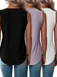 Women Loose Fit V-Neck Hollow Out Jacquard Tank Top Set - Multicolor - View 3
