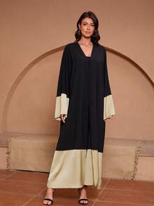 Patchwork Abaya Robe, Women Loose Long Sleeve Simple Long Full Length Luxury Dress, Modest Kaftan - Army Green - View 4