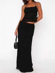 Women Y2k 2 Piece Maxi Skirt Set Sleeveless Ruffle Lace Halter Crop Top Tiered Flowy Long Skirt Summer Beach Outfit - màu đen - Xem 2