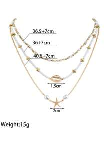 Set de 3 collares largos multienlace con cuentas de vidrio bohemias, conchas metálicas y colgante de estrella de mar, adecuados para usar en vacaciones en la playa por mujeres