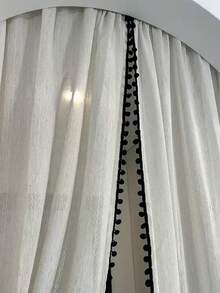 1件装优质亚麻薄纱窗帘，复古风格装饰隔断帘，带绒球花边 - 彩色 - 查看 4