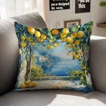 1 buc. Husă de pernă cu model de lămâie și ocean de vară, material fleece coral imprimat pe o singură față, husă de pernă decorativă 45*45cm/18*18inch, potrivită pentru canapea modernă minimalistă, sufragerie, cadou
