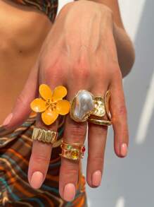 6pcs/Set Vintage Floral & Gemstone Decorated Rings, Women Elegant Baroque Pearl Rings, Punk Hip-Hop Gold Knuckle Rings, Suitable For Daily Wear, Party & Banquet, Festivals, Versatile Fashion Jewelry