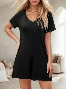 tooluck Women's Summer Casual Rompers Short Sleeve V Neck Loose Fit Jumpsuit 2025 One Piece Jumps - 黑色 - 查看 1