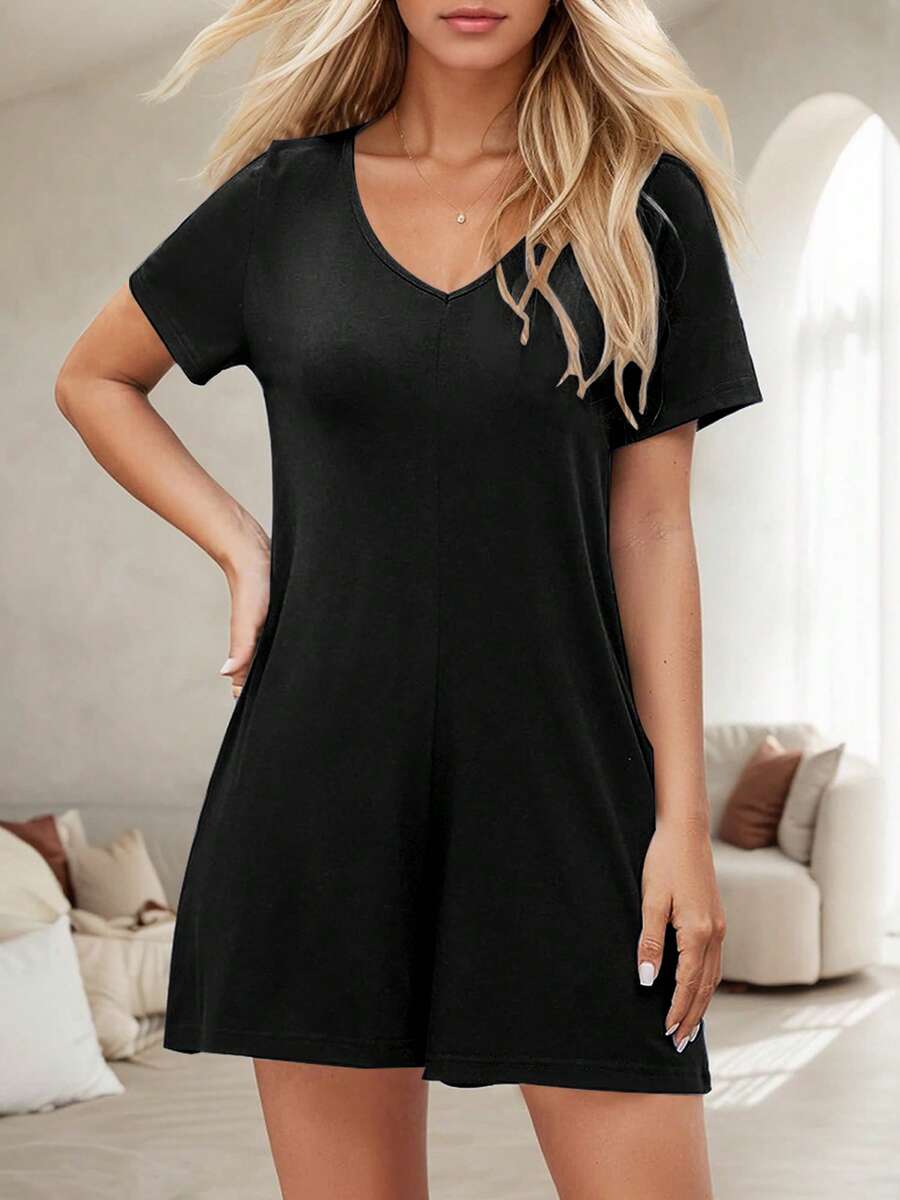 tooluck Women's Summer Casual Rompers Short Sleeve V Neck Loose Fit Jumpsuit 2025 One Piece Jumps - 黑色 - 查看 1