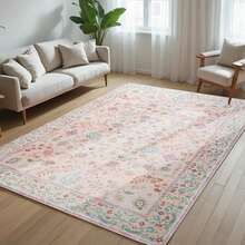 Area Family Rug, Washable Faux Wool Throw Rugs For Living Room, 0.3″ Non Slip Low Pile Vintage Boho Carpet For Ding Room, Home Office, Bedroom, Room, Bedside - Hồng - Xem 2