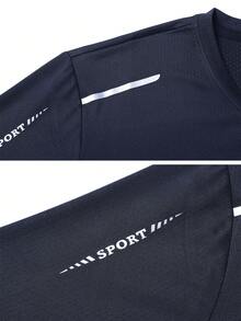 男士夏季冰丝印花短袖T恤，休闲运动简约速干上衣 - 藏蓝色 - 查看 5