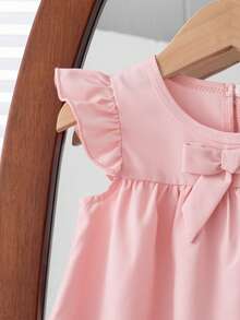 Baby Girls Minimal Cute Cap Sleeve Solid Color Bowknot Embroidery Dress - Pink - View 6