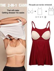 Women's Camisole With Built In Bra Tank Top Flowy Swing Pleated Tank Top Cami With Adjustable Spaghetti Strap Shelf Bra Loose Vest