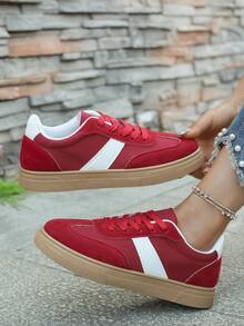 Women's Red Casual Sneakers With White Stripes & Brown Sole - View 1