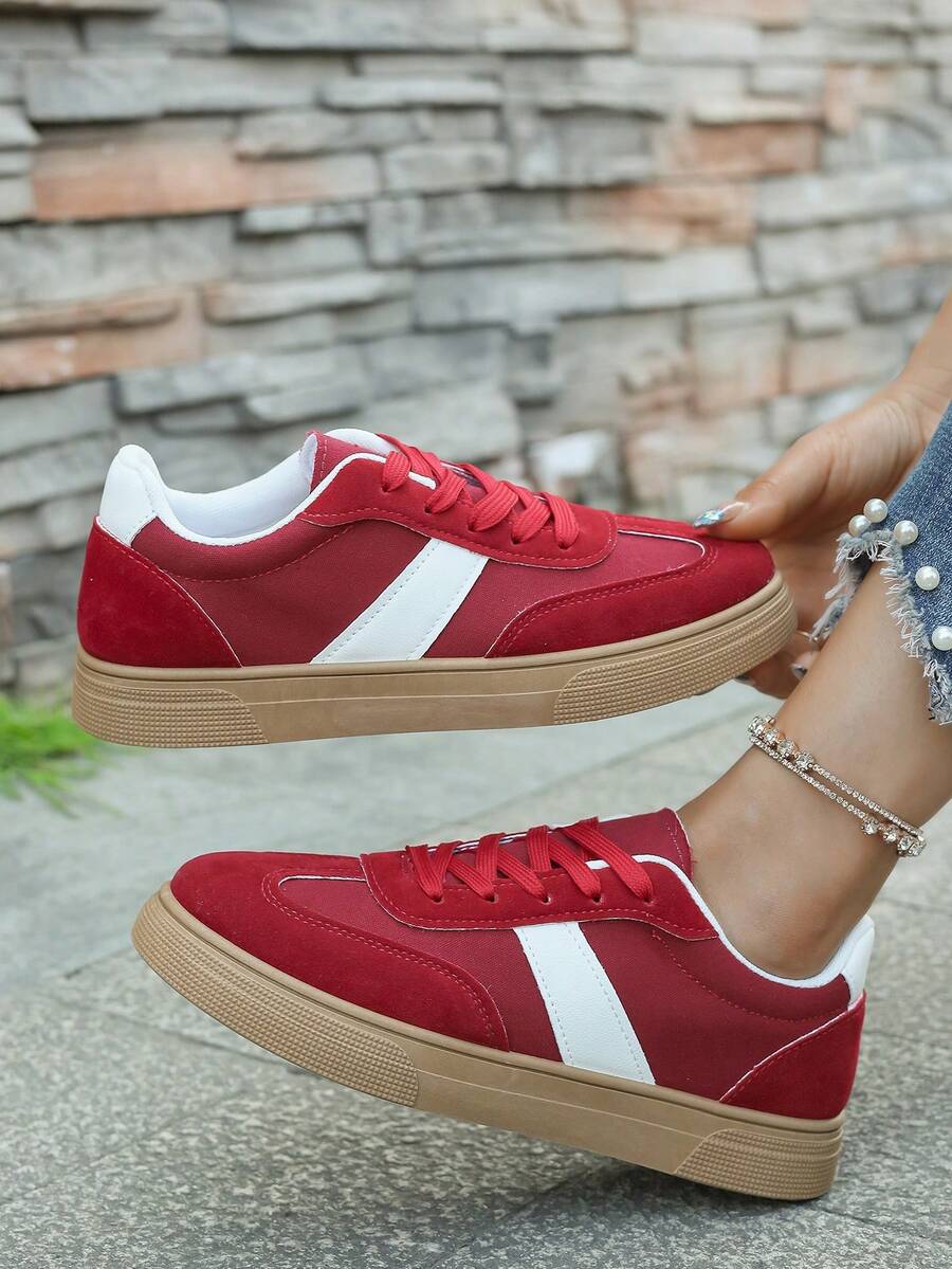 Women's Red Casual Sneakers With White Stripes & Brown Sole - View 1