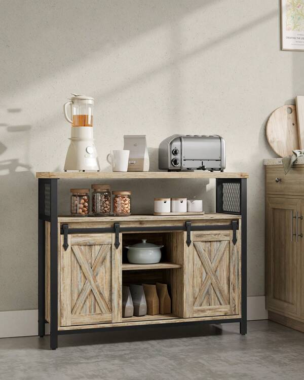 VASAGLE Sideboard, Küchenschrank, Aufbewahrungsschrank, mit 2 Schiebetüren, 33 x 100 x 80 cm, verstellbare Ablagen, für Wohnzimmer, türkisbraun-tintenschwarz