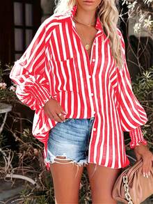Plus Size Women Striped Distressed Looking Loose Flare Sleeve Casual Shirt - Red - View 5