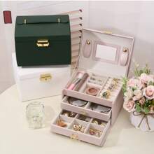 1pc Luxury Leather 3-Drawer Jewelry Box, Travel Carrying Jewelry Organizer For Earrings, Necklaces & Other Accessories With Lock