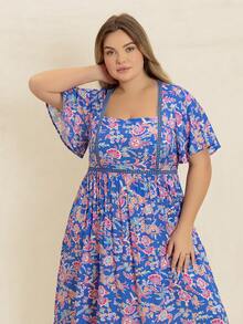 Váy nữ mùa hè họa tiết hoa xanh cổ vuông, phong cách Bohemian phù hợp cho trang phục đi biển Lễ Phục Sinh, lễ hội âm nhạc Hawaii, kỳ nghỉ nhiệt đới thanh lịch - Màu xanh lam - Xem 9