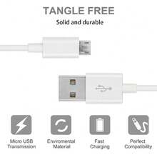 2 件 Micro USB 数据线 3.3 英尺/6.6 英尺/10 英尺，Android 充电器数据线同步快速充电线兼容三星 Galaxy S7/S7 Edge/S6/S6 Edge/S5、Note 5/Note 4、HTC One M9/M8/M7、Kindle、Coogle、电子书阅读器、Mp3 Nan - 白色 - 查看 5