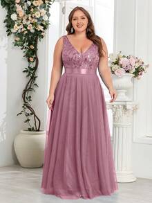 Plus Size Contrast Sequin Embroidered Mesh Bridesmaid Dress,Prom Gown, For Wedding Guest Gown, Graduation, Dinner Party Dress - Dusty Pink - View 4