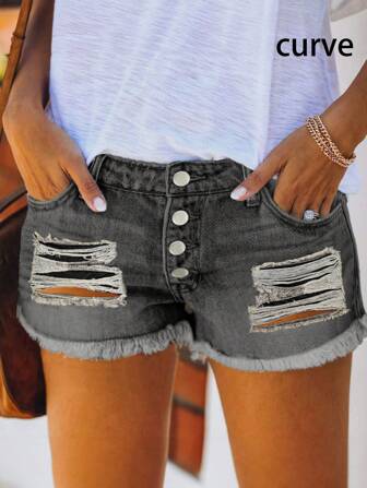 大码女式简约做旧休闲直筒牛仔短裤