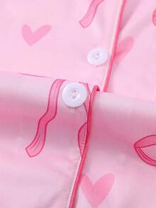 Set de 2 piezas de pijamas para mujeres con estampado de moño, top de manga corta con cuello vuelto cómodo y pantalones sueltos con elástico, conjunto elegante y de moda para fiestas, uso casual en interiores y exteriores - Rosa - Ver 8