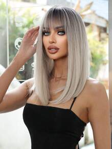 Peruca de 14 polegadas, Peruca de Cabelo Sintético com Gradiente Rosa para Mulheres, Cabelo Médio Liso com Franja, Adequada para Uso Diário, Festa, Festa, Férias, Natural, Elegante, Romântica, Sexy, Simples
