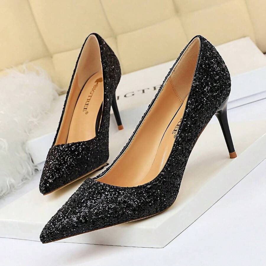 Giày cao gót đính sequin lấp lánh - Giày cô dâu mũi nhọn thanh lịch cho đám cưới và những dịp đặc biệt - 7cm/2,76 inch - màu đen - Xem 1