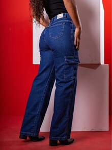 Women's Wide Leg Cargo Jeans Thick Fabric High Waist - Dark Wash - View 3