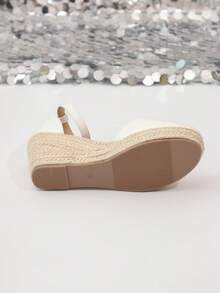 女士高跟坡跟帆布凉鞋，时尚圆头镂空踝带设计 - 白色 - 查看 8