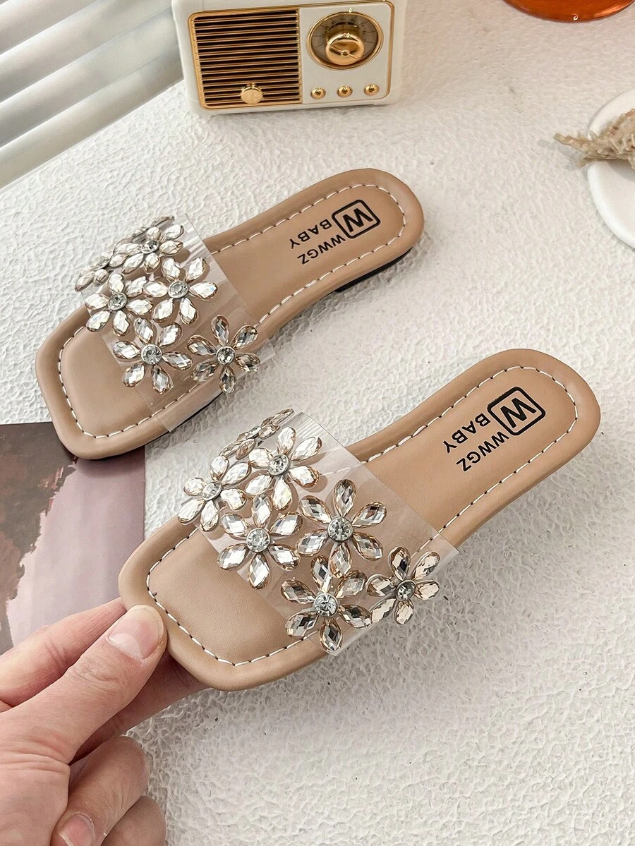 Summer Bestselling Apricot Children's Non-Slip Slippers, Fashionable Comfortable Soft, Minimalist Apricot Thick-Soled Sandals, Suitable For 3-12 Year Old Girls, Suitable For Indoor And Outdoor Daily Casual Beach Wear. Transparent Material, Decorated With White Decorative Ribbons, Accented With Pearls And Rhinestones, Butterfly Decor Design, Lace-Up Design. - Champagne - View 1