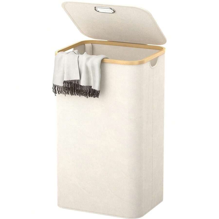 Free Shipping - 100L Tall Laundry Hamper With Lid N Handle, Large Waterproof Clothes Laundry Basket Laundry Storage Bin Organizer For Dorm, Bathroom, Bedroom, Laundry Room, Clothing, Toys - 米色 - 查看 1