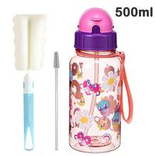 1pc 500ml Cute Cartoon Print Water Bottle With Straw For School Leak Proof & Easy Clean & Carry Handle - Multicolor - View 3