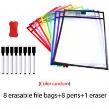 BELLKIDS 6/12 Transparent Double-Sided Erasable Dry Erase Bags With 8-Color Pens, Hanging Writing File Bags, Colored Graffiti And Painting Bags, PVC Storage Bags, Literacy Games, Interactive Props, Perfect For Classrooms, Families, Student Stationery, And Teaching Tools.