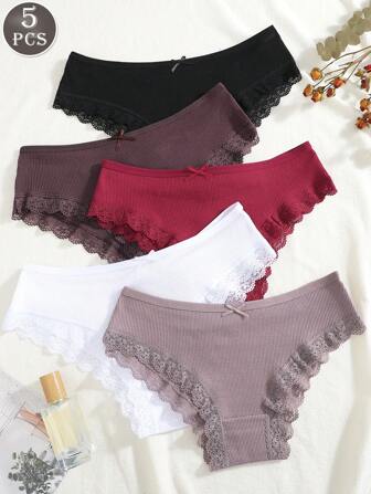 5pcs Women's Lace Patchwork Comfortable Breathable Bowknot Decor Briefs, Ladies Underwear