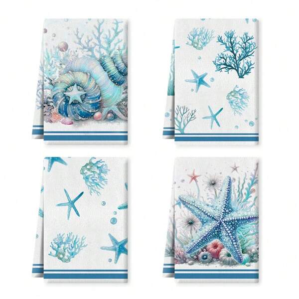 Set de 2/4 piezas de toallas de cocina de estilo náutico y costero - Paños de plato supersuaves de microfibra, absorbentes toallas de té con estrellas de mar y coral, adecuadas para la decoración de la cocina y el baño de estilo rústico, toallas tejidas con diseños de verano - Regalo de verano