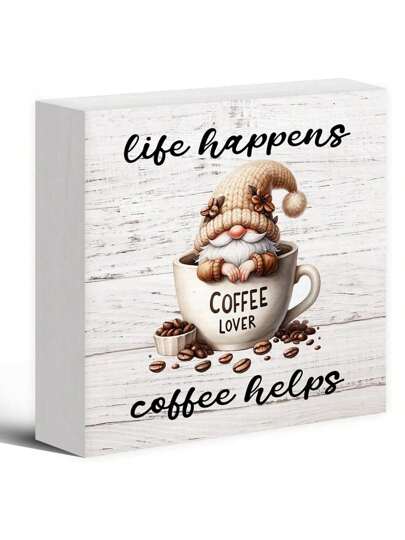 Charming Coffee Gnome PVC Decor, "Life Happens Coffee Helps" Sign, Perfect For Autumn Harvest Thanksgiving Decorations, Decorative Desk Accessory For Kitchen, Coffee Bar, Wall Shelf Display, Coffee Lover Gift Birthday Gifts Graduation