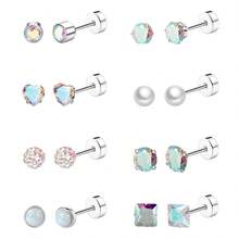 8 Pairs Titanium Steel Stud Earrings For Women Men Hypoallergenic Flat Back Stud Earrings For Sensitive Ears 20 Gauge Surgical Steel Cartilage Earring Opal CZ Pearl Small Nap Sleeper Earrings