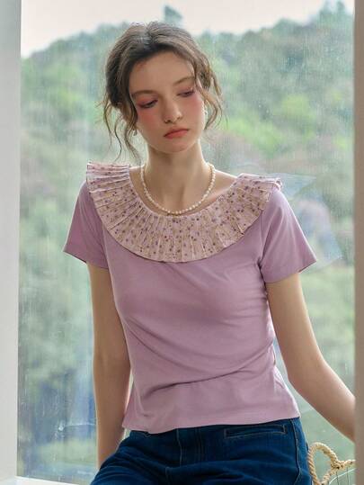 Simple Retro Short - Sleeved Knitted Top With Floral Ruffled Collar For Spring And Summer