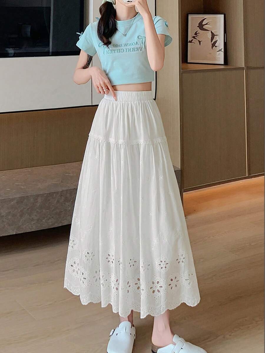 Handcrafted Crochet Embroidered Solid Color Lace Midi A-Line Skirt, Casual Spring 2026 White