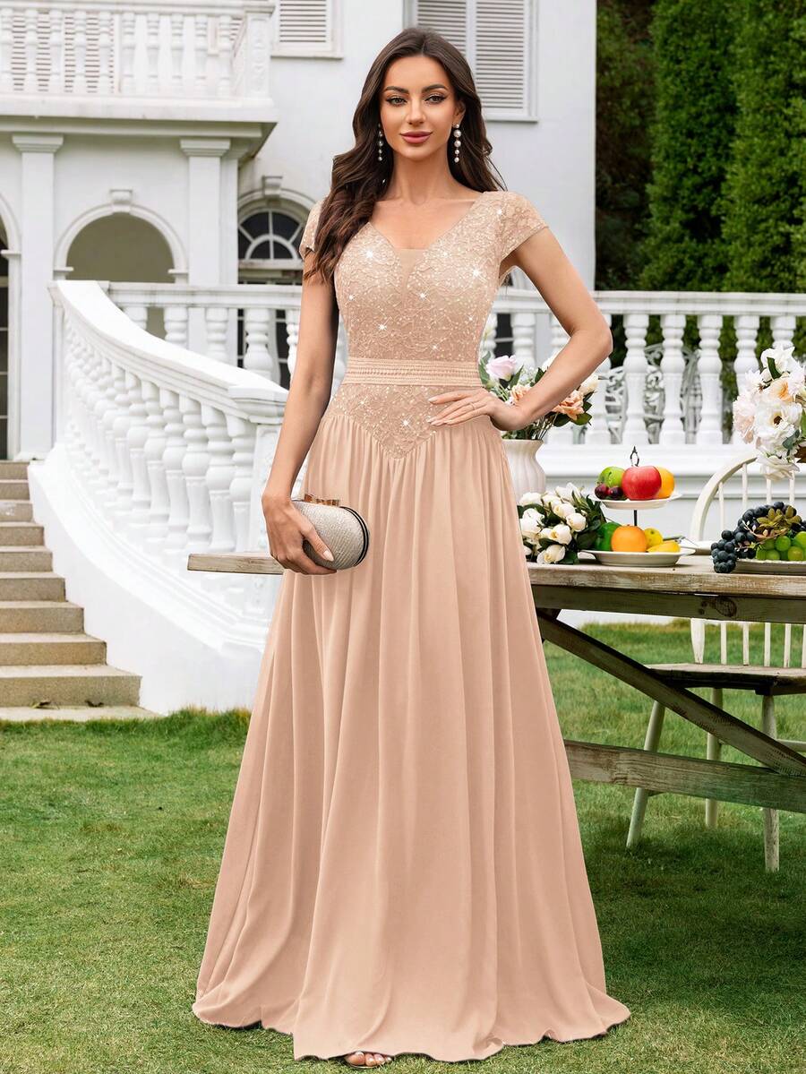 Elisanya Đầm dài dự tiệc tối tay lửng cổ chữ V sâu ren sequin tương phản, viền nhún, trang trọng, dành cho khách dự tiệc cưới
