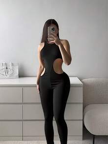 Hollow Design Sleeveless Jumpsuit Sexy Chic Everyday Casual Wear, Suitable For Summer - Black - View 1