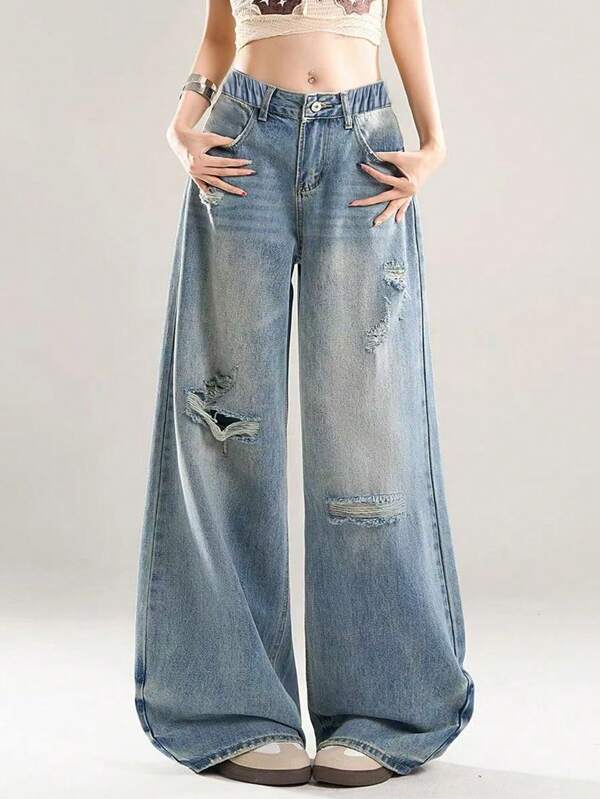 Y2K Girls/Teens Distressed Loose Fit Retro Wide Leg Jeans, Casual Snug Fit Straight Leg Pants