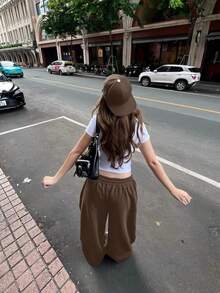 VIBEWAVE Elastic Drawstring Oversized Thin Knit Casual Street Pants, Spring/Summer - Khaki - View 5