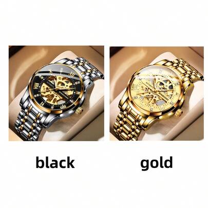 BINBOND 1PC Luxury Men's Automatic Skeleton Tourbillon Double-Sided Transparent Diamond Markers Luminous Waterproof Stainless Steel Mechanical Watch