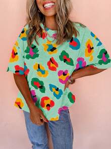 Oversized Colorful Leopard & Floral Print Loose Dropped Shoulder Short Sleeve T-Shirt, Summer - Multicolor - View 3