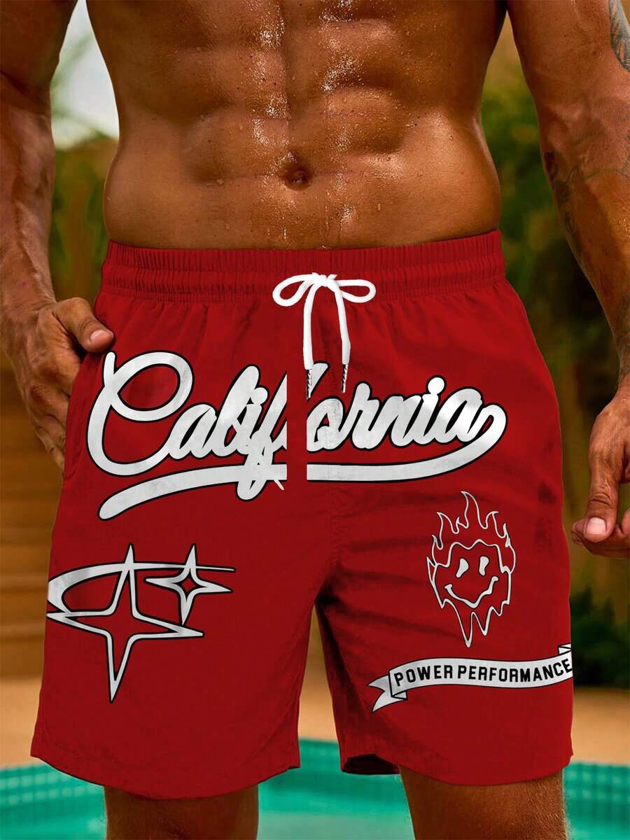 男士字母印花运动短裤，带口袋，透气涤纶，适合运动和休闲穿着