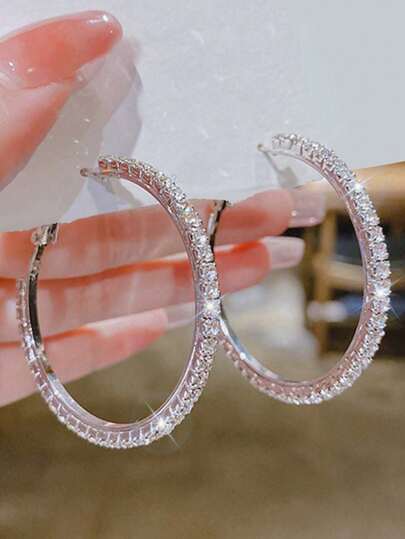 1 Đôi bông tai pha lê tròn lớn, kiểu dáng thời trang mạ bạc, đính đá Cubic Zirconia sáng bóng, quà tặng dự tiệc dành cho nữ.