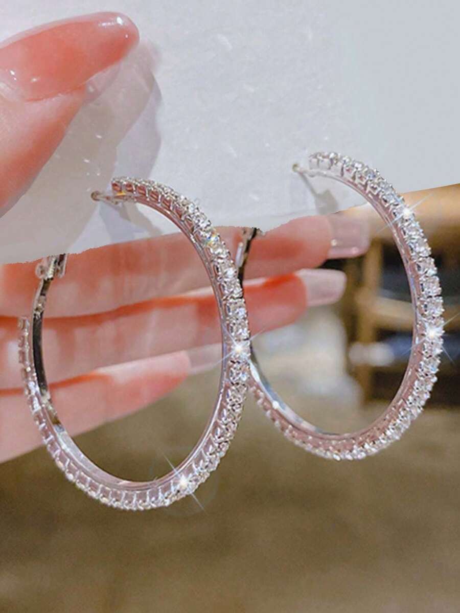 1 Đôi bông tai pha lê tròn lớn, kiểu dáng thời trang mạ bạc, đính đá Cubic Zirconia sáng bóng, quà tặng dự tiệc dành cho nữ. - Bạc - Xem 1